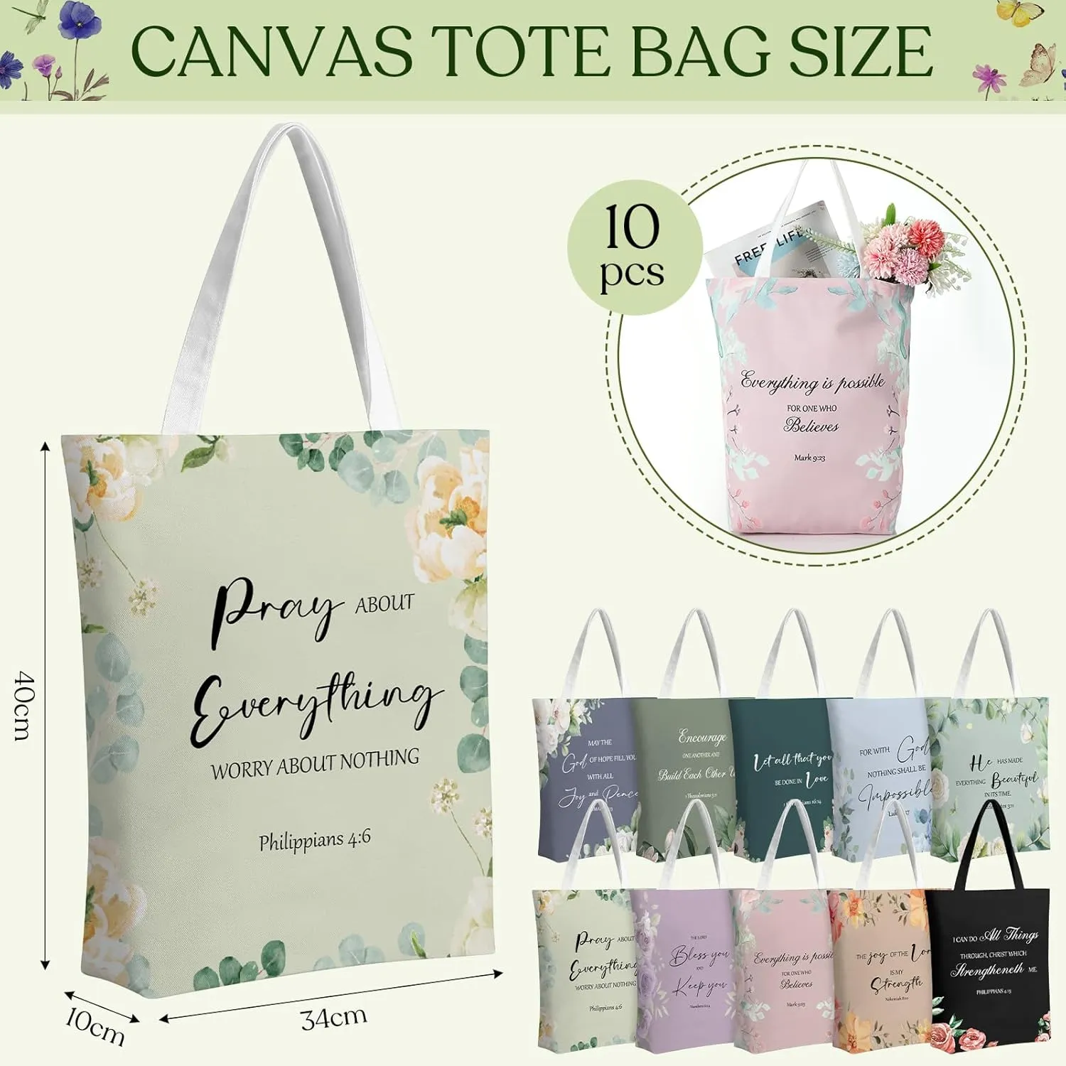 10 Pcs Christian Tote Bags for Women Mother's Day Church Bible Verse Canvas Tote Bag Inspirational Religious Gift(Stylish)