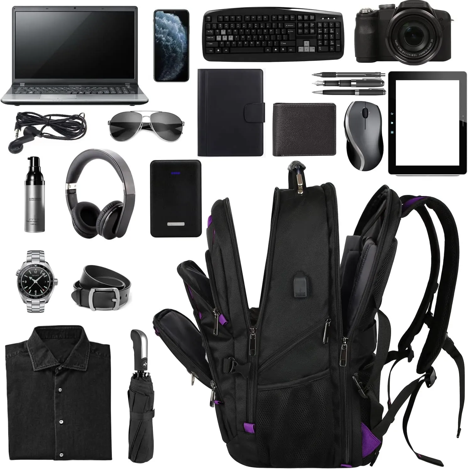 18.4 inch Travel Backpack Men Women, 55-60L Extra Large Laptop Backpack RFID Anti Theft TSA Friendly Flight Approved Backpacks, Water Resistant College School Heavy Duty With USB Charging Port, Purple