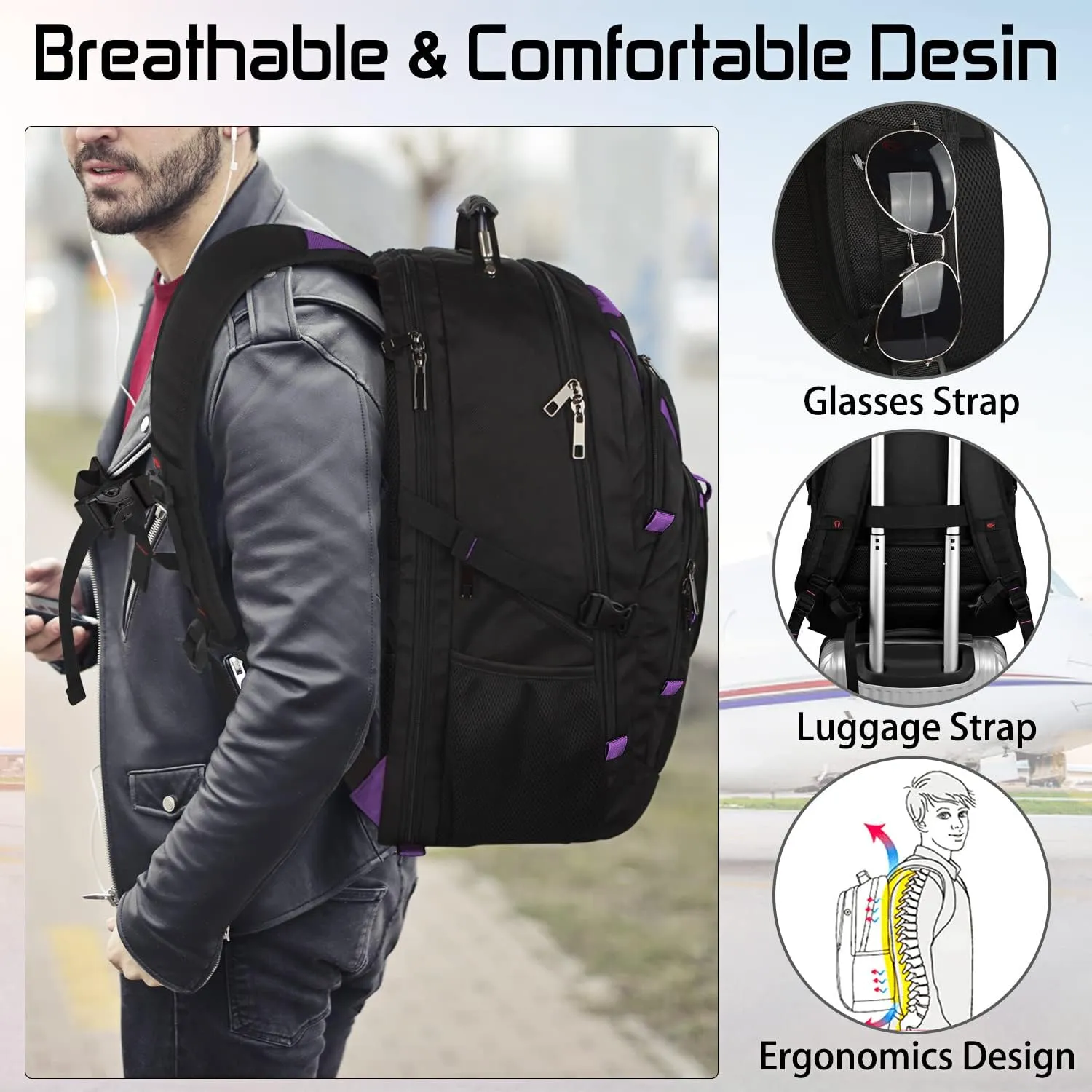 18.4 inch Travel Backpack Men Women, 55-60L Extra Large Laptop Backpack RFID Anti Theft TSA Friendly Flight Approved Backpacks, Water Resistant College School Heavy Duty With USB Charging Port, Purple