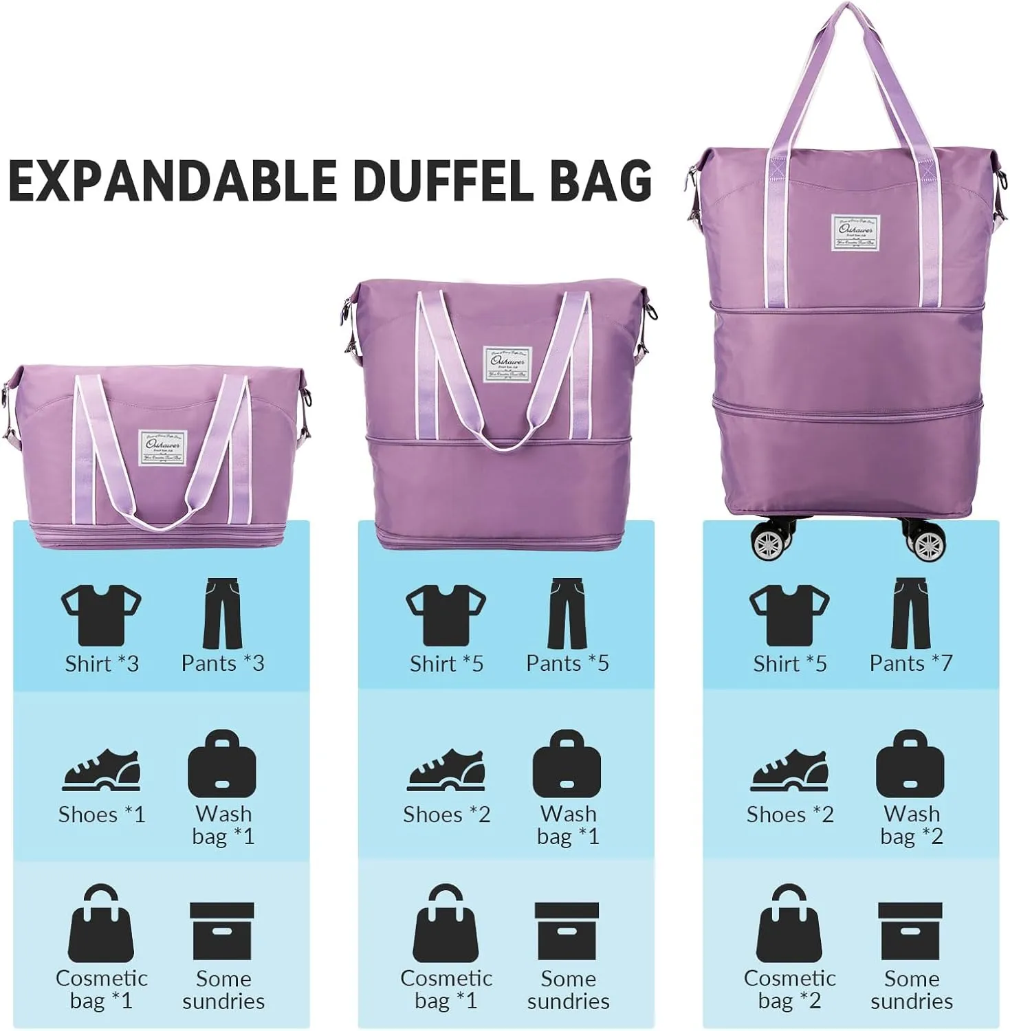 25L-55L Expandable Foldable Duffle Bag, Rolling Duffle Bag with Detachable Wheels and Adjustable Shoulder Strap