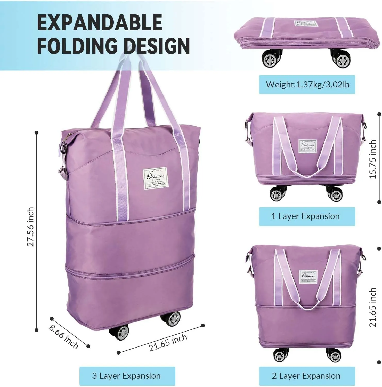 25L-55L Expandable Foldable Duffle Bag, Rolling Duffle Bag with Detachable Wheels and Adjustable Shoulder Strap