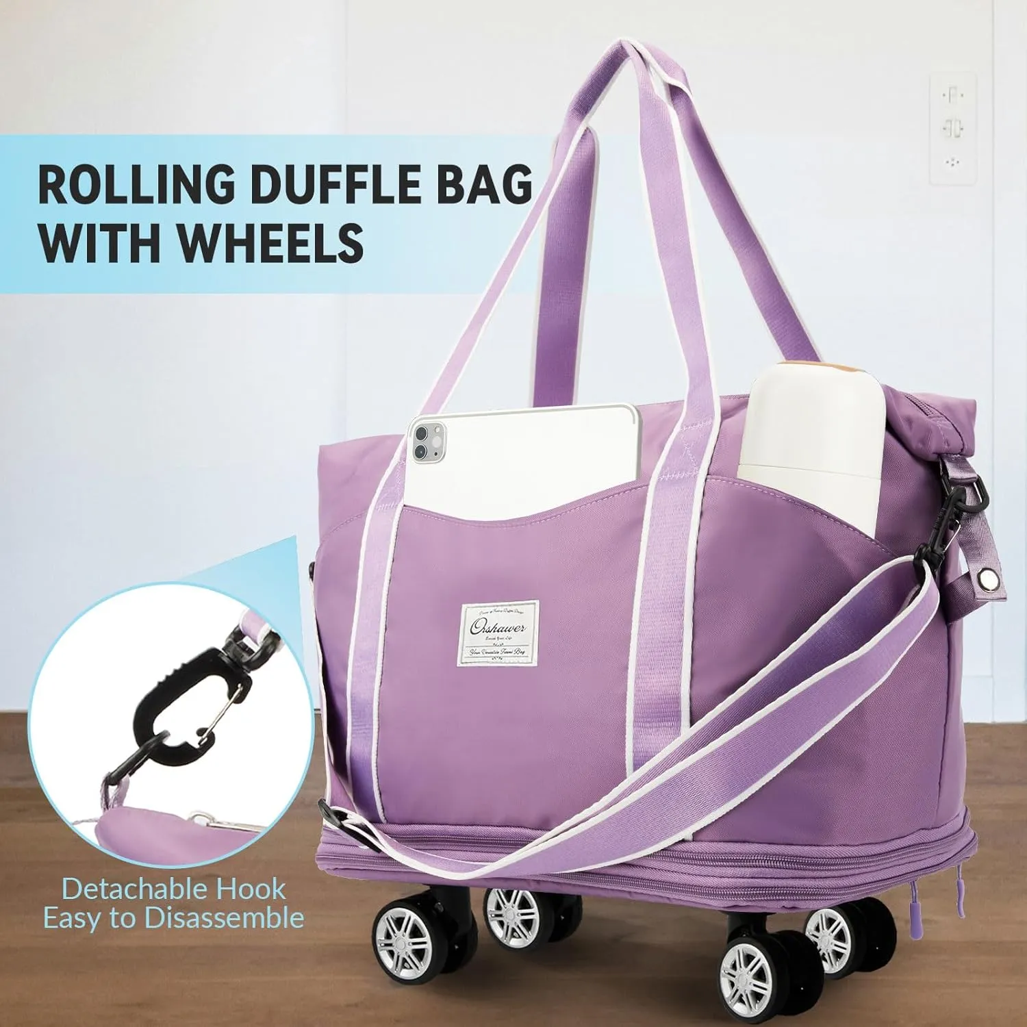 25L-55L Expandable Foldable Duffle Bag, Rolling Duffle Bag with Detachable Wheels and Adjustable Shoulder Strap