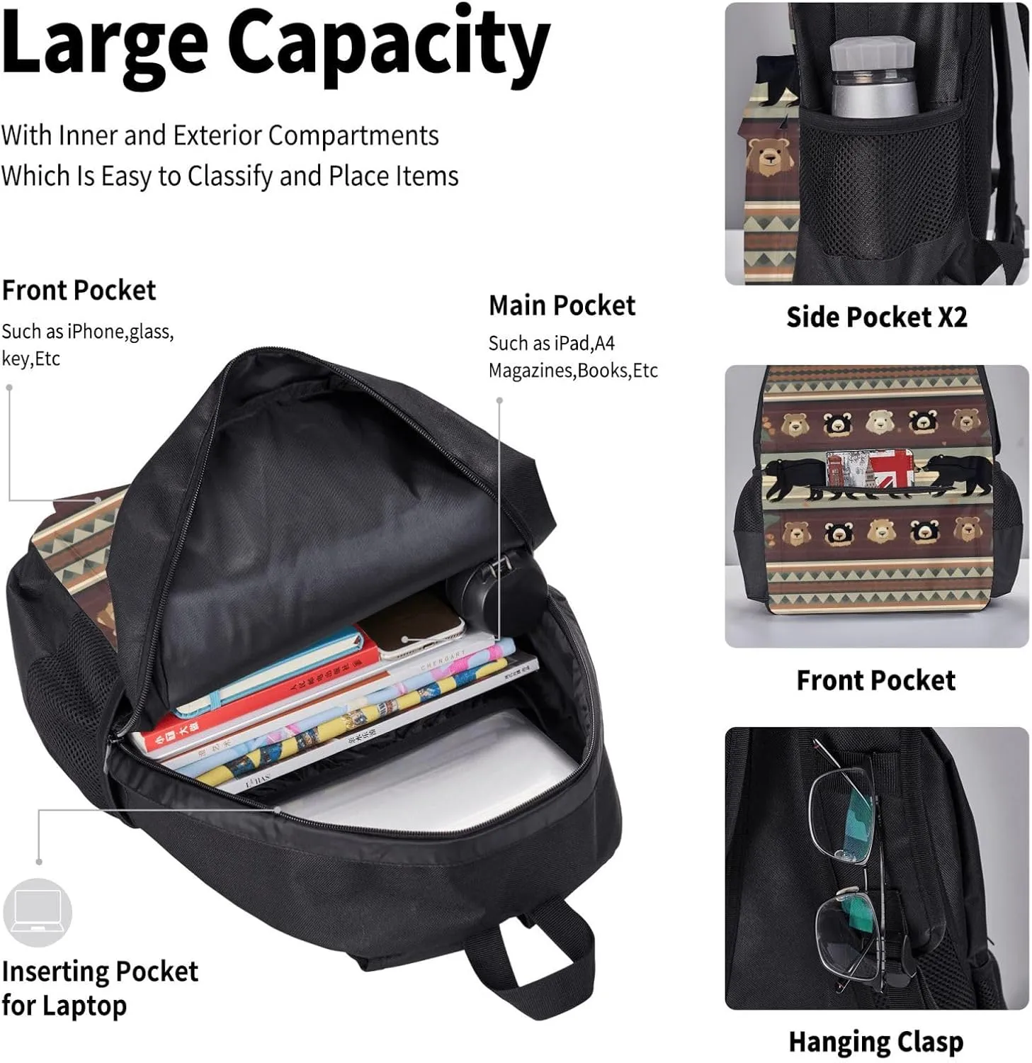3-In-1 Backpack Bookbag Set,Bear Print Casual Travel Backpacks,With Pencil Case Pouch, Lunch Bag