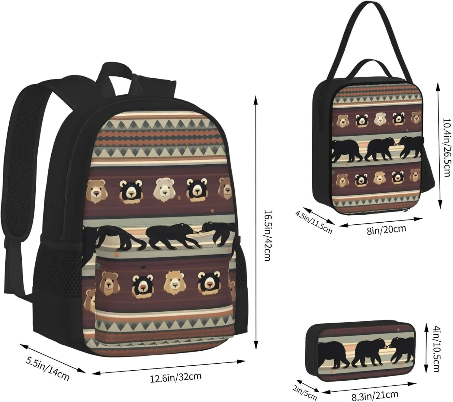 3-In-1 Backpack Bookbag Set,Bear Print Casual Travel Backpacks,With Pencil Case Pouch, Lunch Bag