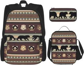 3-In-1 Backpack Bookbag Set,Bear Print Casual Travel Backpacks,With Pencil Case Pouch, Lunch Bag