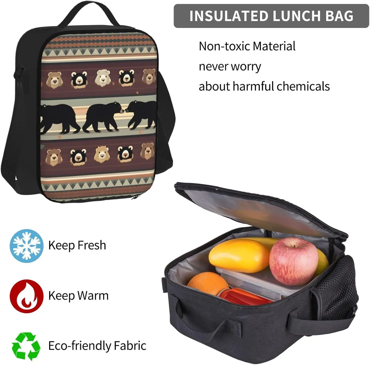 3-In-1 Backpack Bookbag Set,Bear Print Casual Travel Backpacks,With Pencil Case Pouch, Lunch Bag