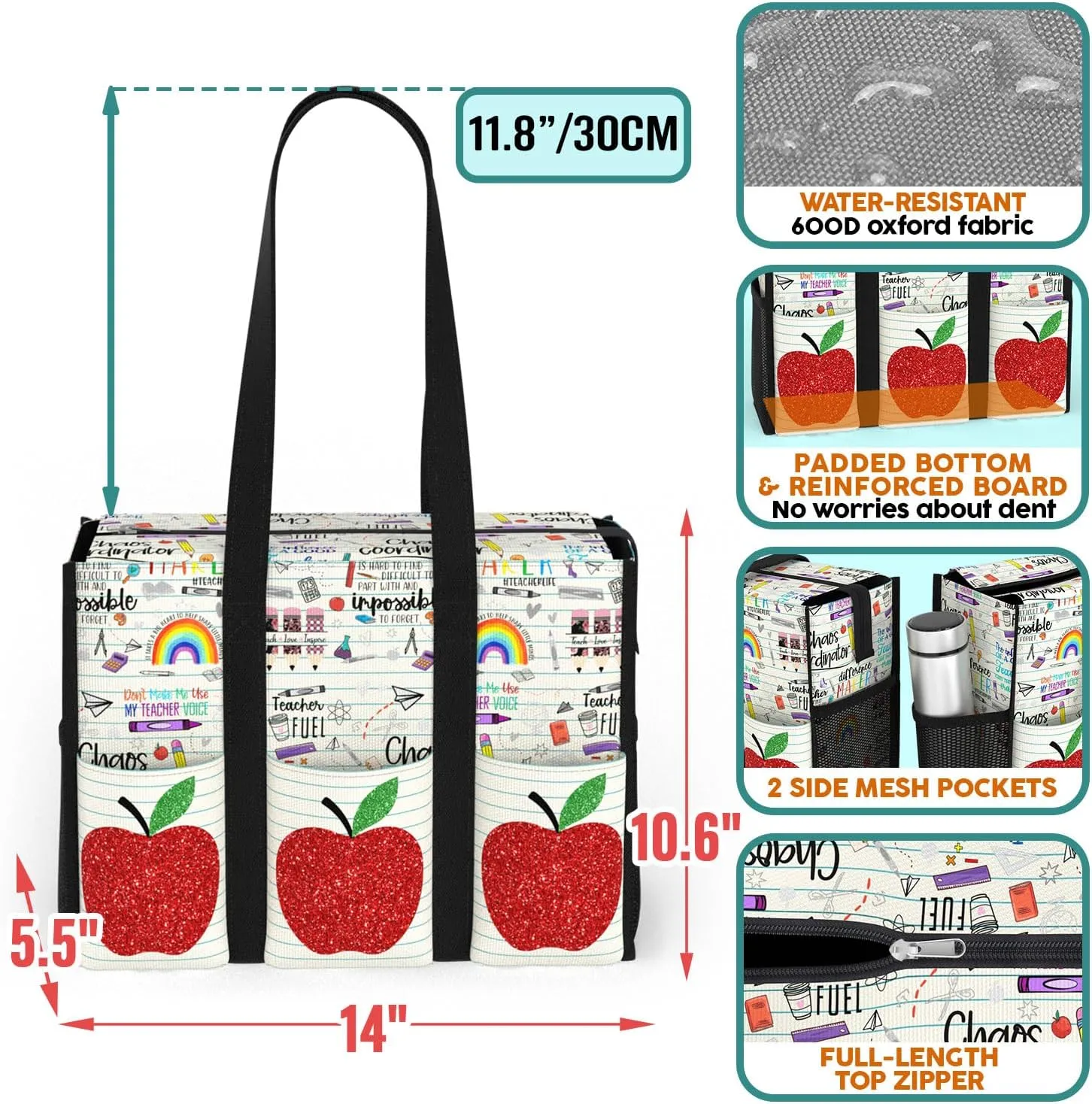84hoods Multi-Pocket Tote Bag for Women. Gift for Teachers. Waterproof Shoulder Bag with Multiple Convenient Pockets and Zipper for Travel, Work, Grocery. Cute Apples.