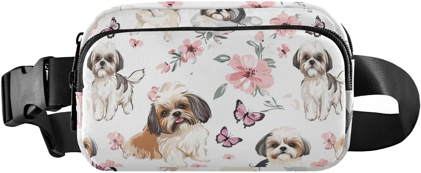 Aesthetic Shih Tzu Dogs Pink Fashion Fanny Pack Waist Bag for Men Women Water Resistant Crossbody Bag Anti Theft Waist Pack with Adjustable Strap for Shopping Sports Work