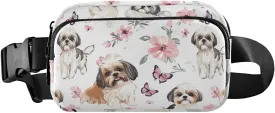 Aesthetic Shih Tzu Dogs Pink Fashion Fanny Pack Waist Bag for Men Women Water Resistant Crossbody Bag Anti Theft Waist Pack with Adjustable Strap for Shopping Sports Work