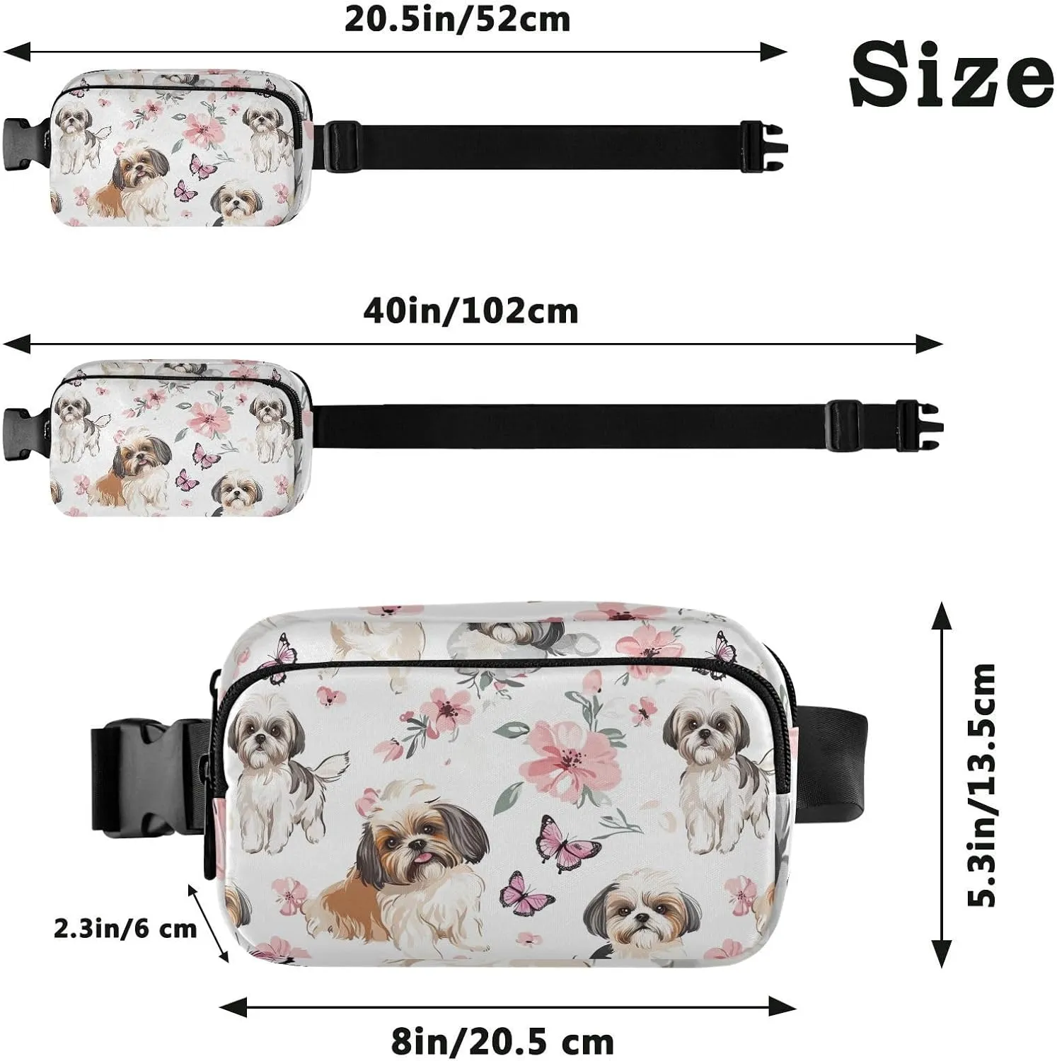 Aesthetic Shih Tzu Dogs Pink Fashion Fanny Pack Waist Bag for Men Women Water Resistant Crossbody Bag Anti Theft Waist Pack with Adjustable Strap for Shopping Sports Work