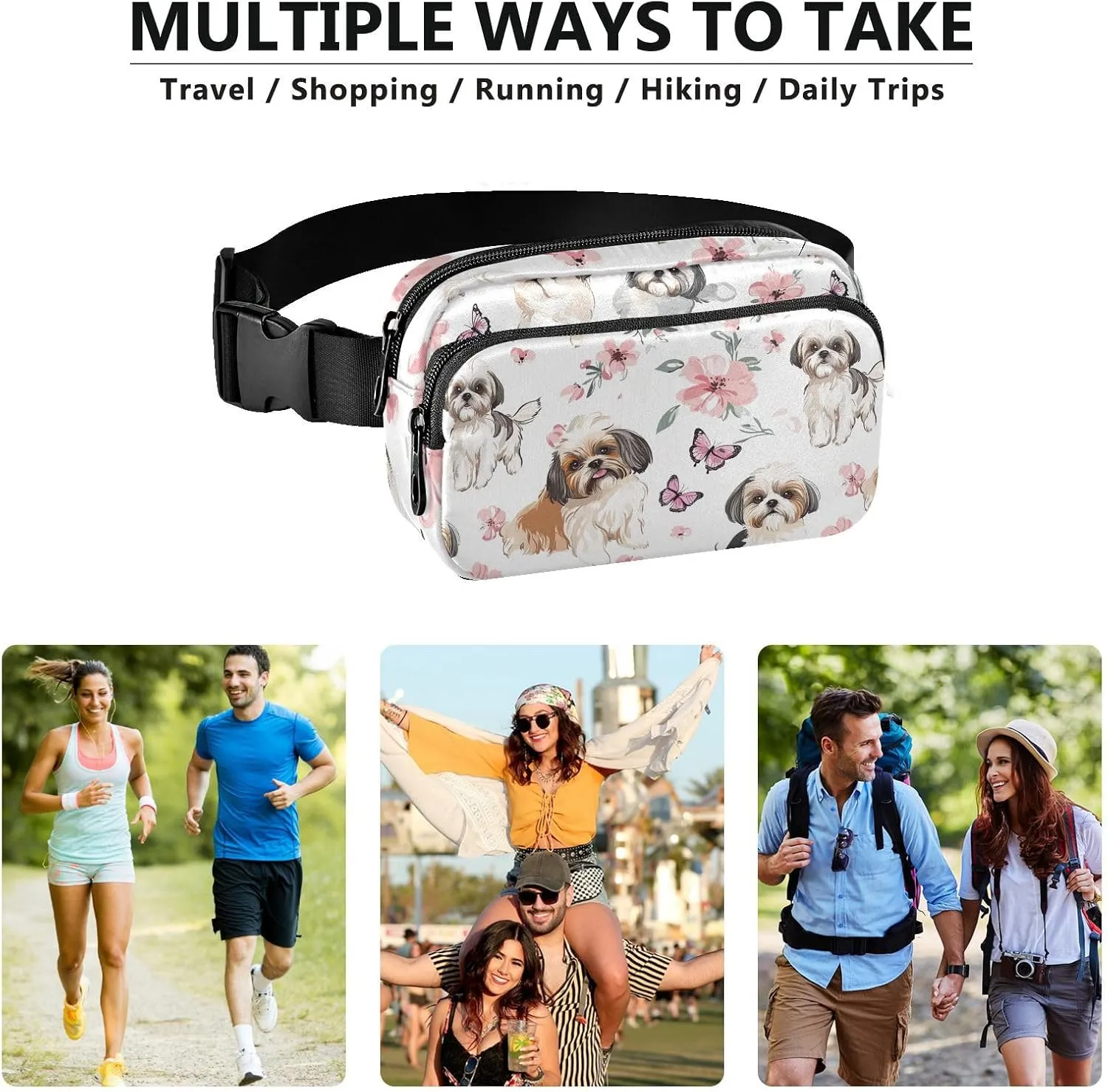 Aesthetic Shih Tzu Dogs Pink Fashion Fanny Pack Waist Bag for Men Women Water Resistant Crossbody Bag Anti Theft Waist Pack with Adjustable Strap for Shopping Sports Work