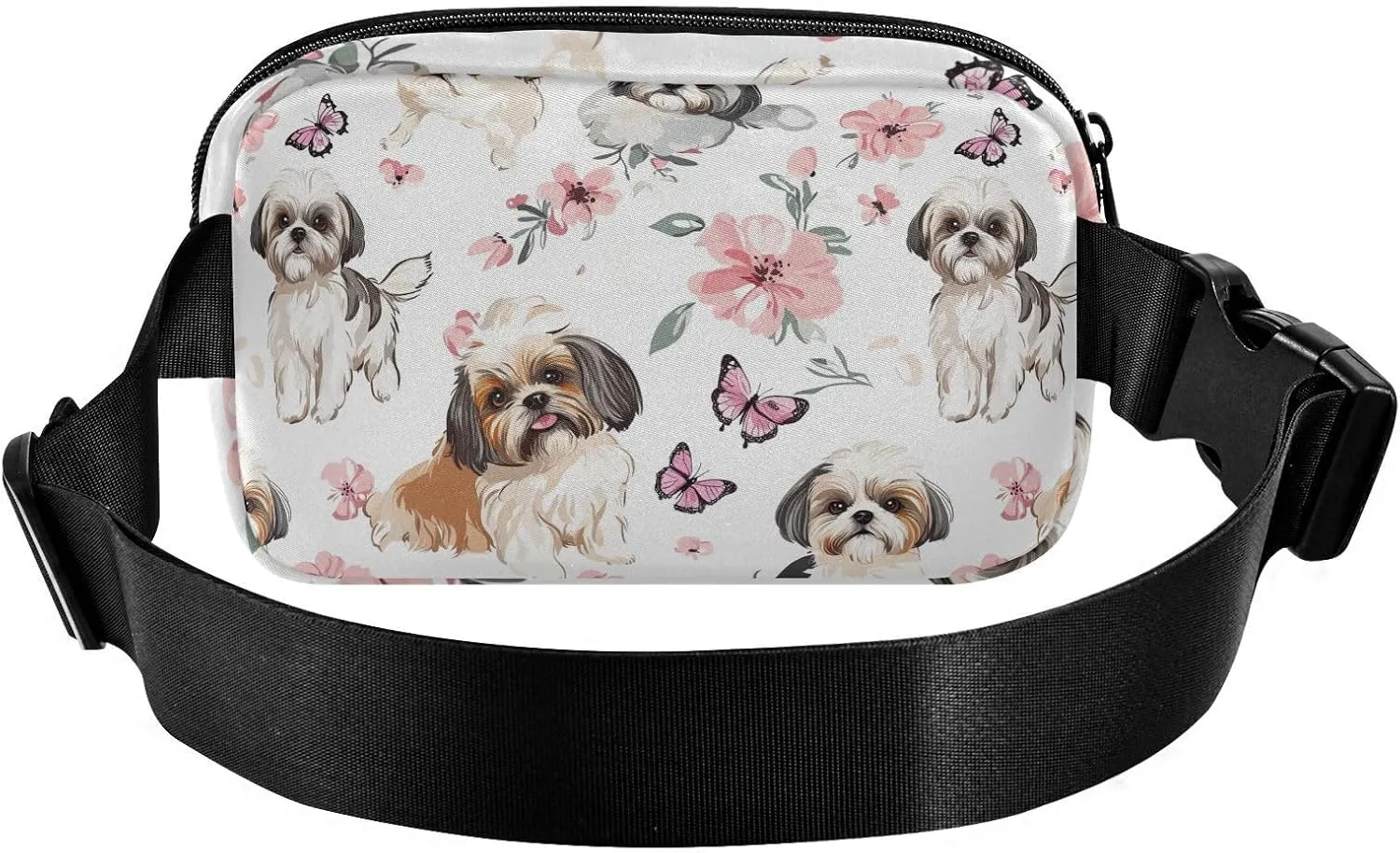 Aesthetic Shih Tzu Dogs Pink Fashion Fanny Pack Waist Bag for Men Women Water Resistant Crossbody Bag Anti Theft Waist Pack with Adjustable Strap for Shopping Sports Work
