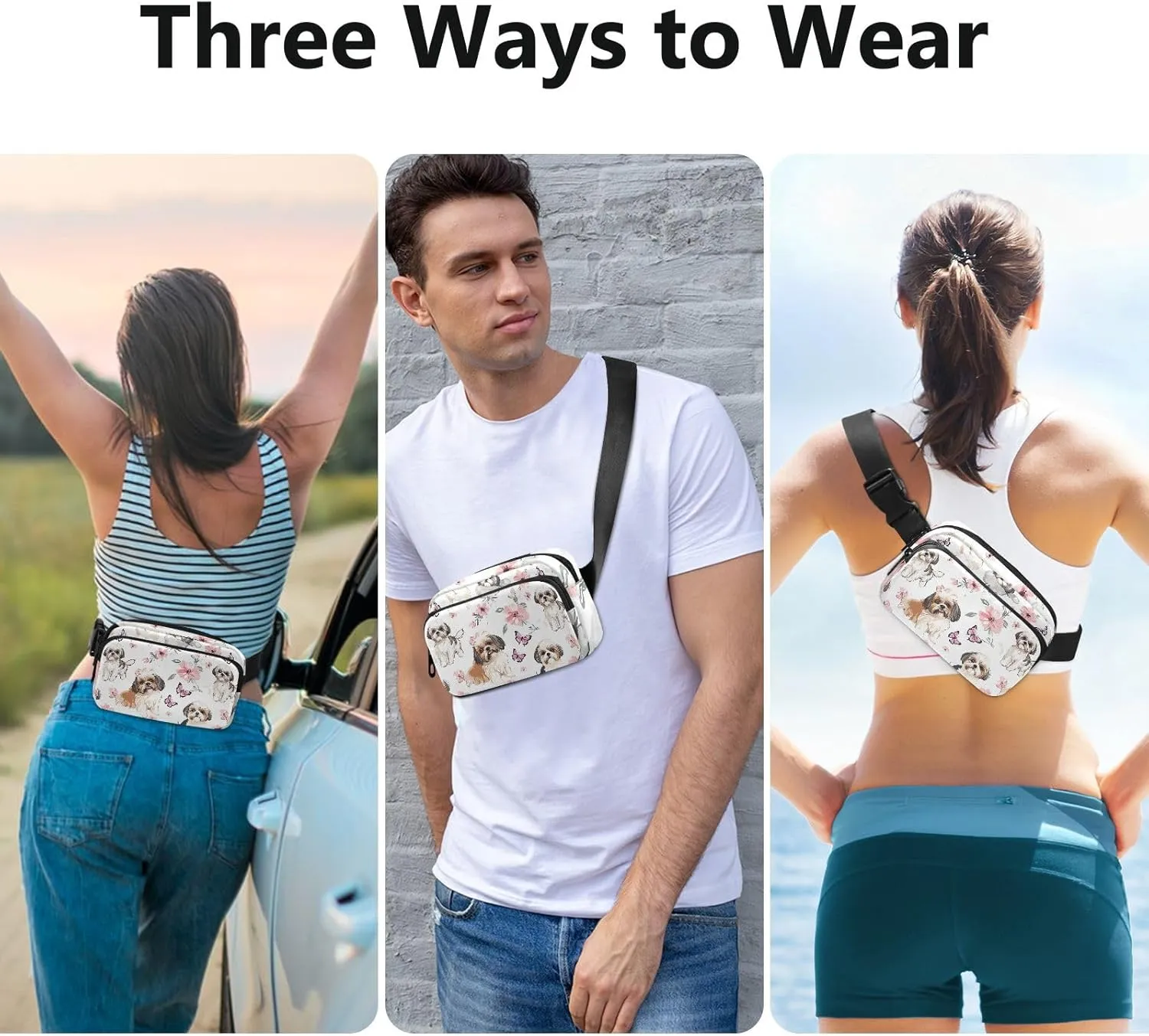 Aesthetic Shih Tzu Dogs Pink Fashion Fanny Pack Waist Bag for Men Women Water Resistant Crossbody Bag Anti Theft Waist Pack with Adjustable Strap for Shopping Sports Work