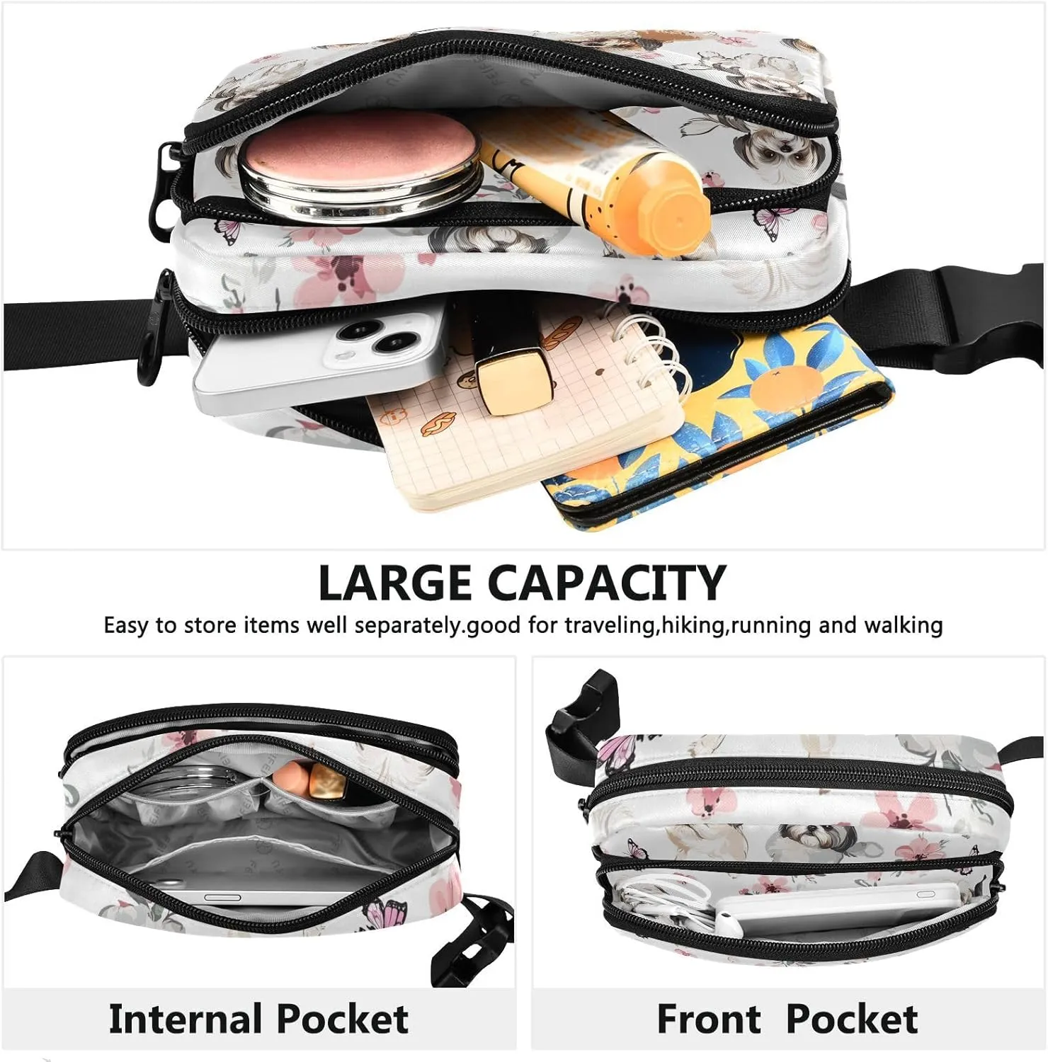Aesthetic Shih Tzu Dogs Pink Fashion Fanny Pack Waist Bag for Men Women Water Resistant Crossbody Bag Anti Theft Waist Pack with Adjustable Strap for Shopping Sports Work