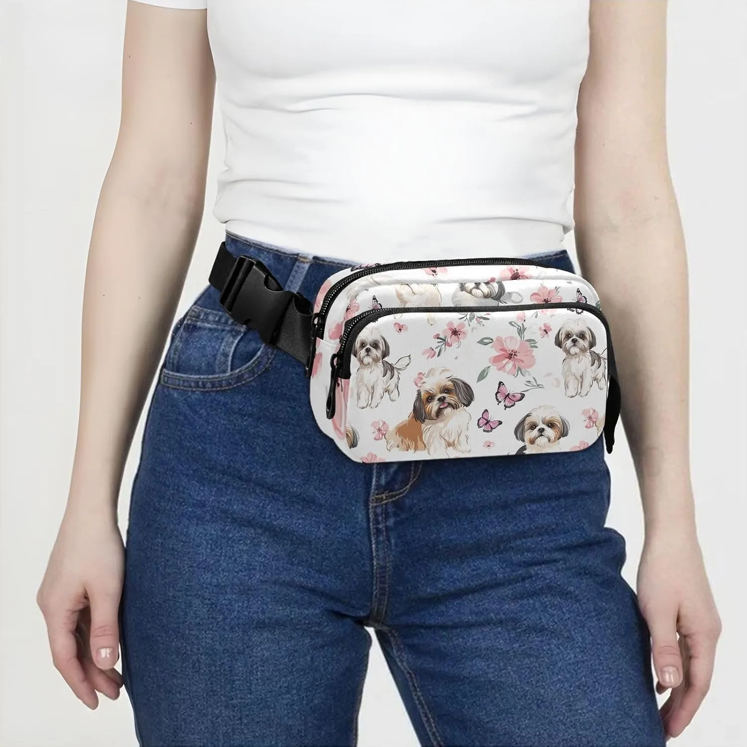Aesthetic Shih Tzu Dogs Pink Fashion Fanny Pack Waist Bag for Men Women Water Resistant Crossbody Bag Anti Theft Waist Pack with Adjustable Strap for Shopping Sports Work