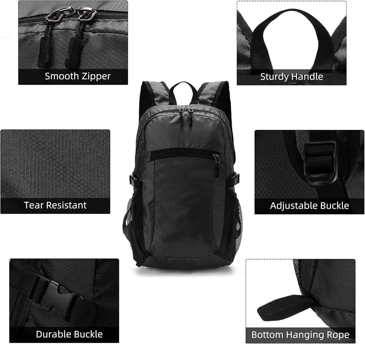 ALUSBELL Lightweight Hiking Backpack,Waterproof Small Hiking Daypack,Foldable Backpack for Travel,Ultralight Camping Black