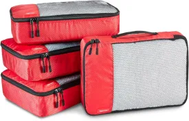 Amazon Basics Medium Packing Cubes for Travel, Packing Organizers, 4-Piece-Set With Double Zipper Pulls and Mesh Top Panel, 100% Durable Polyester, Red, 13.8"L x 9.8"W x 3"H