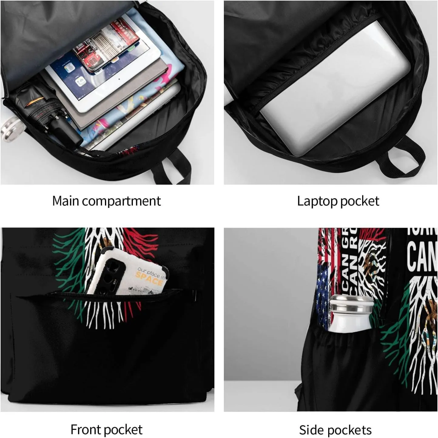 American Grown Mexican Roots Mexico Flag Tree Laptop Commuter Backpack Shoulder Bag Casual Back Pack Daypack Bags With Side Pockets For Work Travel Daily Use