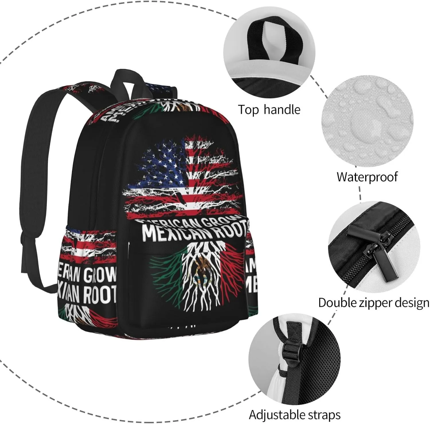 American Grown Mexican Roots Mexico Flag Tree Laptop Commuter Backpack Shoulder Bag Casual Back Pack Daypack Bags With Side Pockets For Work Travel Daily Use