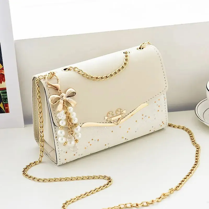 Amozae-Trendy Fashion Ladies Crossbody Small Square Bag Girls Shoulder Bag Cross Square Tassel Pendant Sequin Embellished PU Polyester