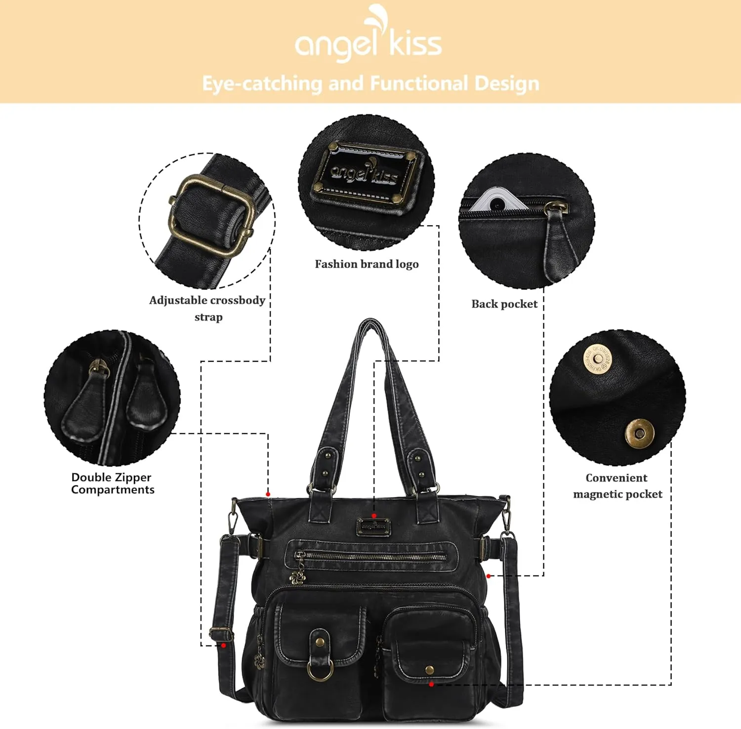 Angelkiss Purses Handbags for Women PU Tote Satchel Bags for Women Pockets Shoulder Bags