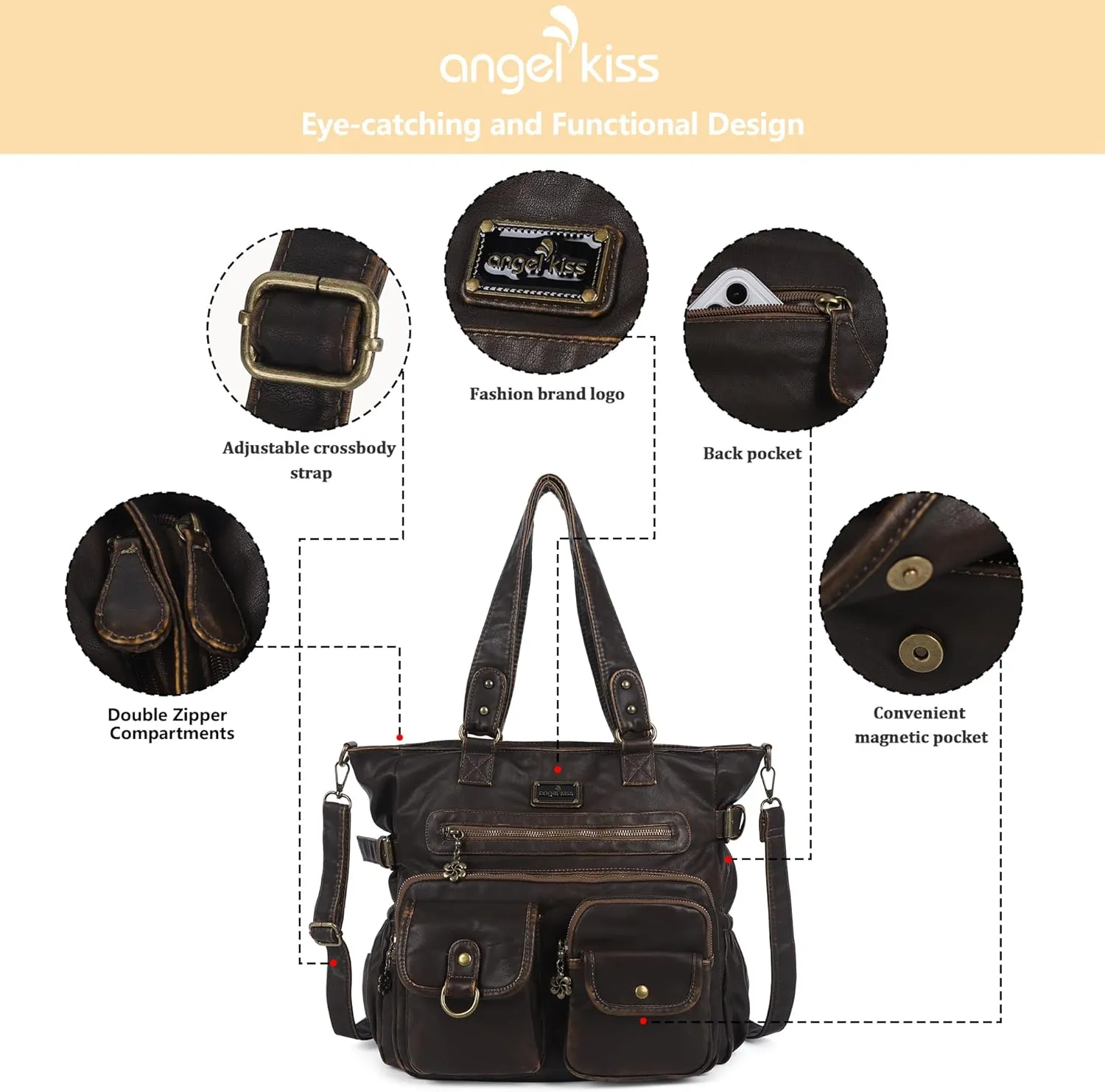 Angelkiss Purses Handbags for Women PU Tote Satchel Bags for Women Pockets Shoulder Bags