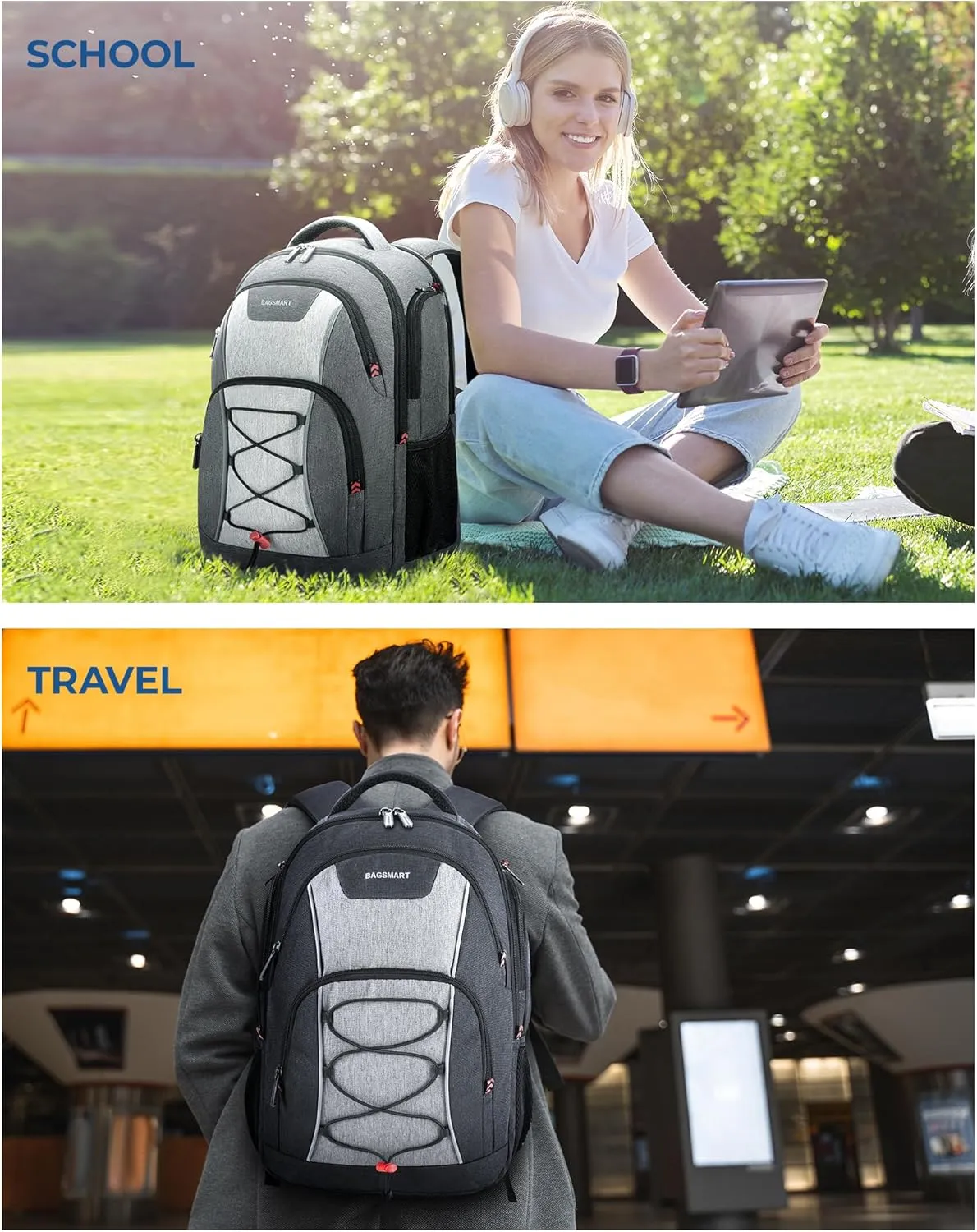 BAGSMART Unisex Laptop Backpack, 15.6-inch Anti-Theft, Water Resistant, Grey, With USB Charger Hole