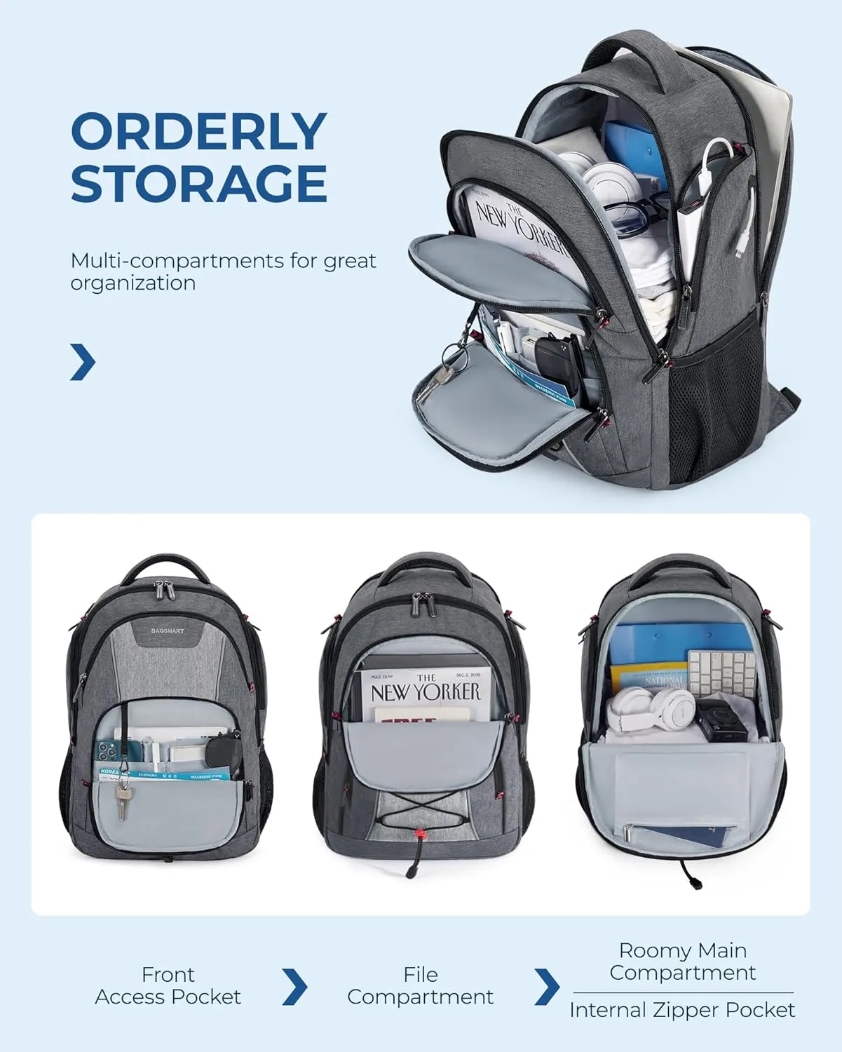 BAGSMART Unisex Laptop Backpack, 15.6-inch Anti-Theft, Water Resistant, Grey, With USB Charger Hole