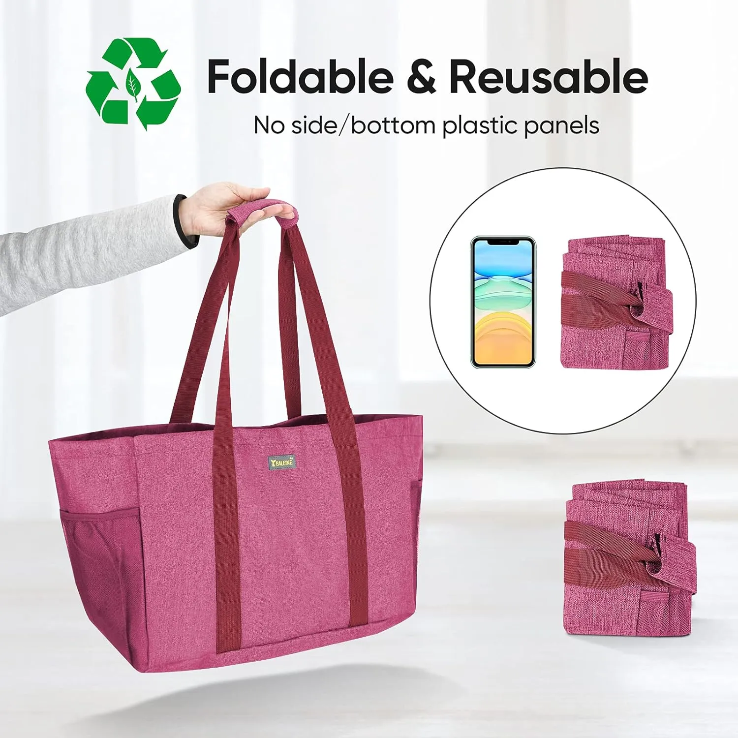 BALEINE Soft 9 Gallon Extra Large Utility Tote, Foldable Reusable Storage Bag (Berry Pink)