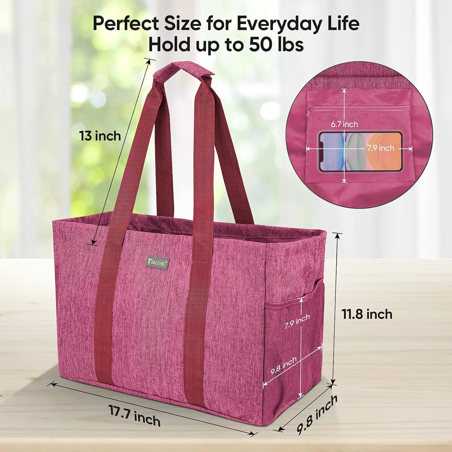 BALEINE Soft 9 Gallon Extra Large Utility Tote, Foldable Reusable Storage Bag (Berry Pink)