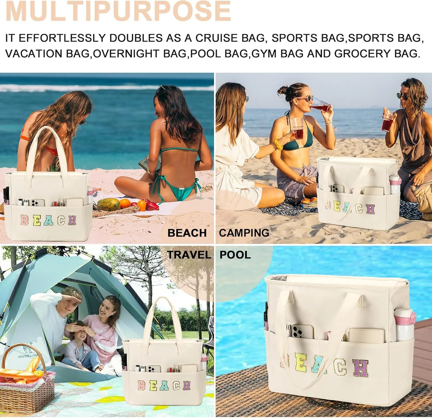 Beach Pool Bags Tote for Women Ladies Large Gym Tote Carry On Bag With Wet Compartment for Weekender Travel Waterproof