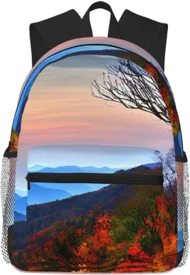 Blue Ridge Mountains Print Adults Casual Travel Zipper Bookbag Polyester Travel Daypack Bag Multiple Pockets