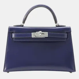 Blue Saphir Box Calf Leather Mini Kelly II Sellier Top Handle Bag
