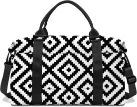 Boho Travel Weekender Duffel Overnight Carry On Bag with Trolley Sleeve,Large Travel Tote Bag with Wet Pocket Shoulder Strap for Women Girls Bohemian Aesthetic Cute-Black White Checkered