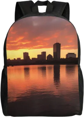Boston Charles River City Skyline Sunset Travel Backpack for Women Men Large Laptop Bag 16.1Inch College Bag Casual Daypack