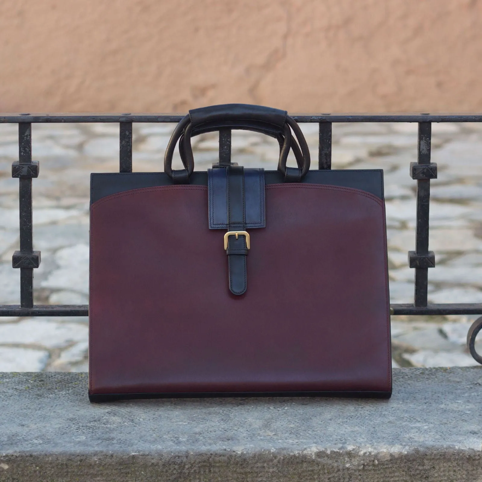 Briefcase Leather Burgundy Blue 3069