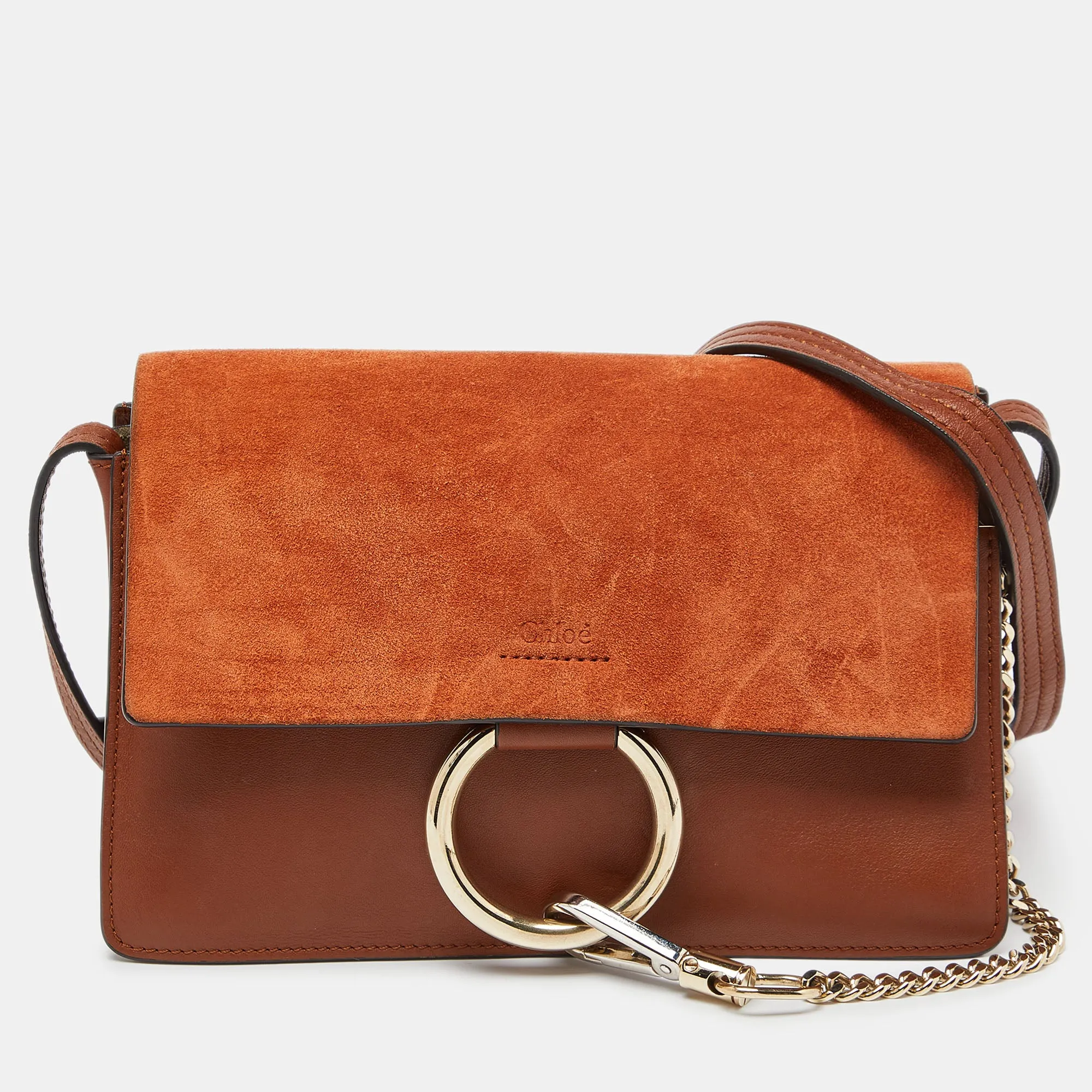Brown Leather and Suede Small Faye Shoulder Bag
