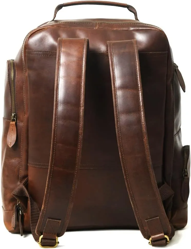 Buffalo Leather Backpack for Men 16 Inch| Vintage Leather Backpack Multi Pockets Business Travel Daypack| Full Grain Brown Leather Shoulder Rucksack Knapsack