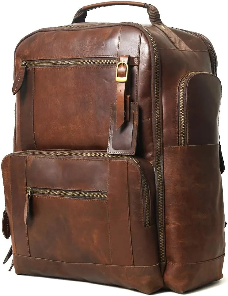 Buffalo Leather Backpack for Men 16 Inch| Vintage Leather Backpack Multi Pockets Business Travel Daypack| Full Grain Brown Leather Shoulder Rucksack Knapsack