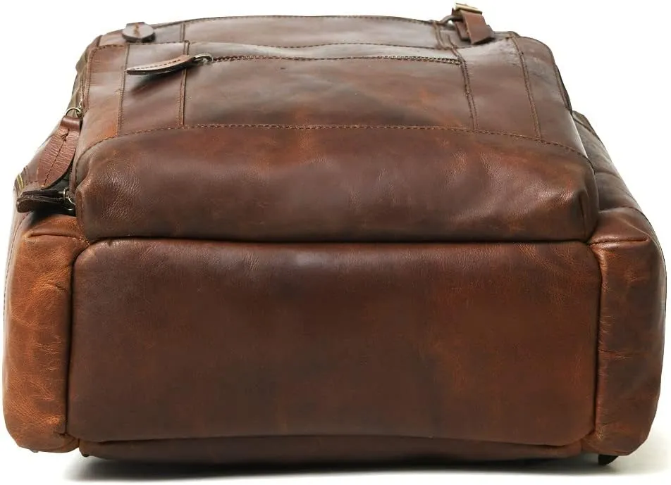 Buffalo Leather Backpack for Men 16 Inch| Vintage Leather Backpack Multi Pockets Business Travel Daypack| Full Grain Brown Leather Shoulder Rucksack Knapsack