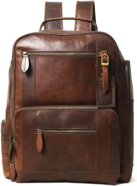 Buffalo Leather Backpack for Men 16 Inch| Vintage Leather Backpack Multi Pockets Business Travel Daypack| Full Grain Brown Leather Shoulder Rucksack Knapsack