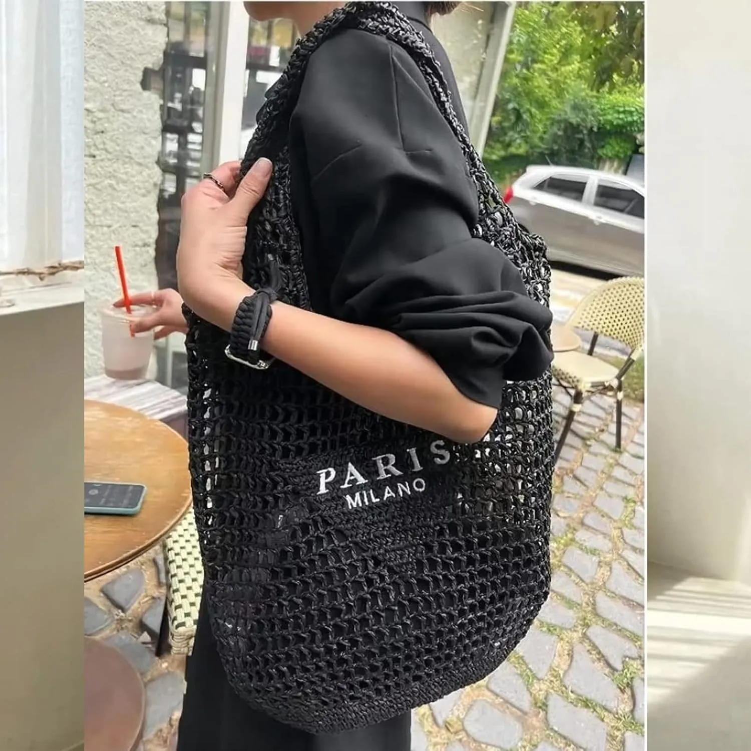 bufftieo Straw Woven Tote for Women - Mesh Hollow Beach Hobo Shoulder Travel Bag