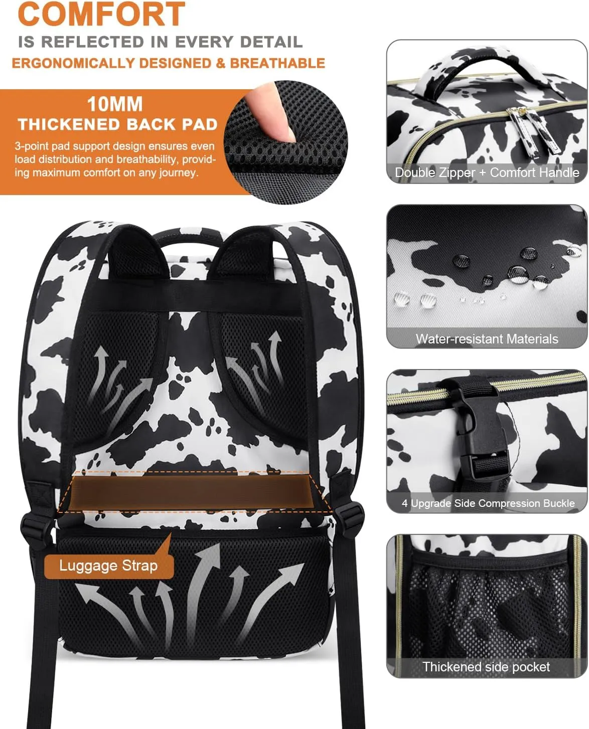 Capolo Travel Backpack for Women Men Waterproof Laptop Backpack Flight Approved Carry On Backpack Overnight Weekender Bag College Bookbag for Business, Work, Traveling Fits 15.6 '' Laptop,Cow Print