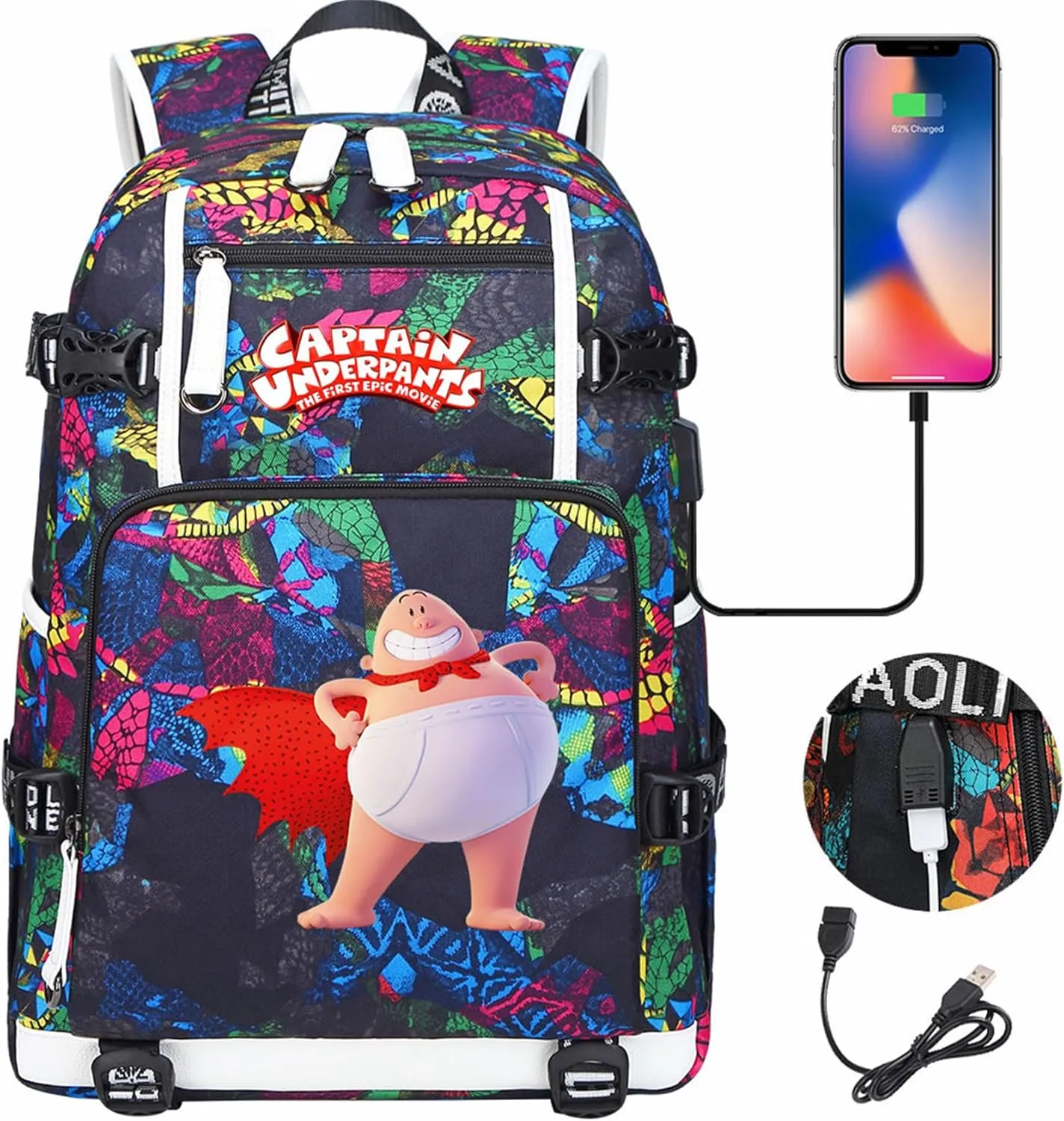 Captain Underpants Casual Bookbag Lightweight Sturdy Travel Knapsack Multi-pocket USB Bagpack for Outdoors,Hiking