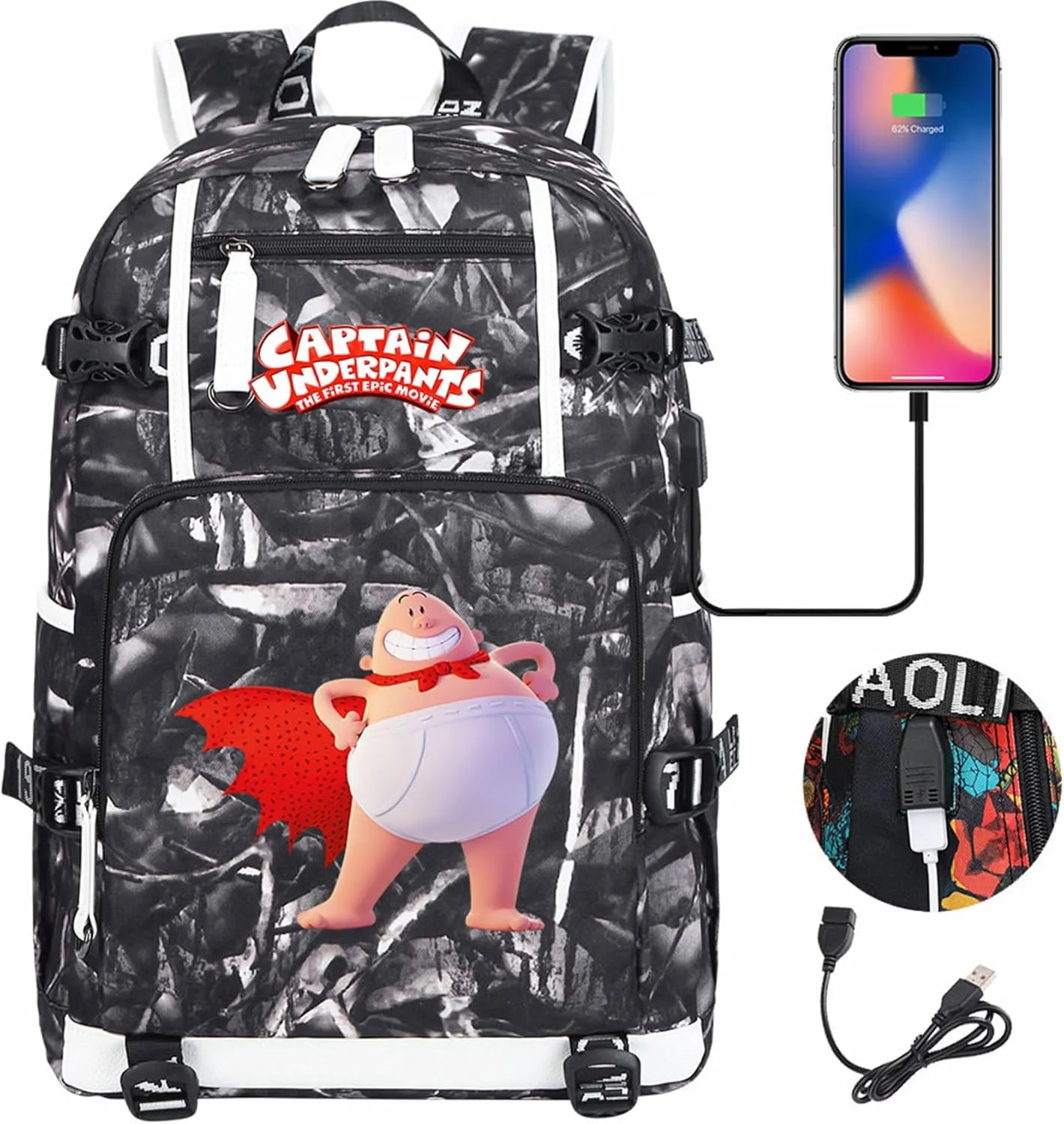Captain Underpants Casual Bookbag Lightweight Sturdy Travel Knapsack Multi-pocket USB Bagpack for Outdoors,Hiking
