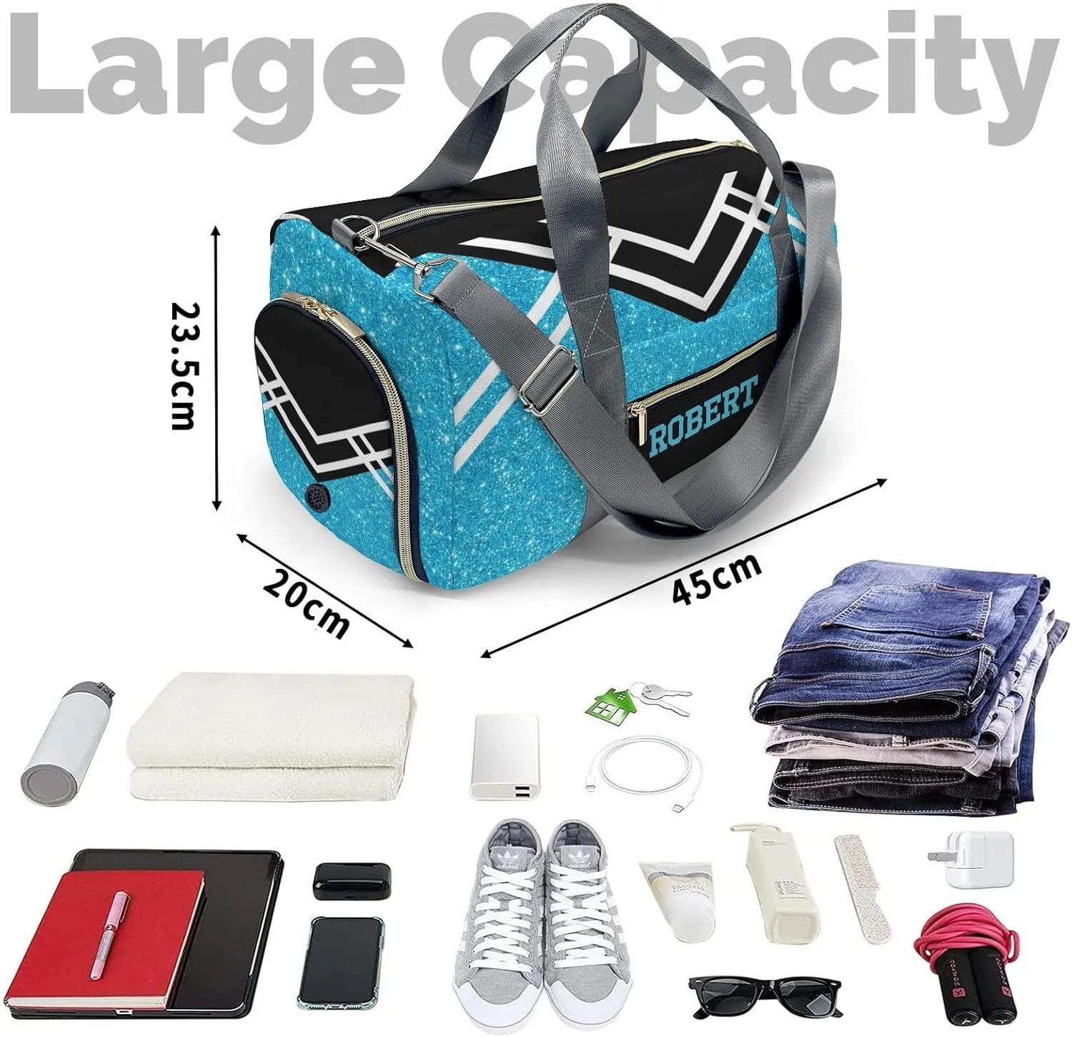 Cheerleader Sky Blue Glitter Personalized Duffel Bag with Name Custom Travel Bag Weekend Overnight Bag with Shoe Compartmen for Women Sports Gym Gymnastic Bags