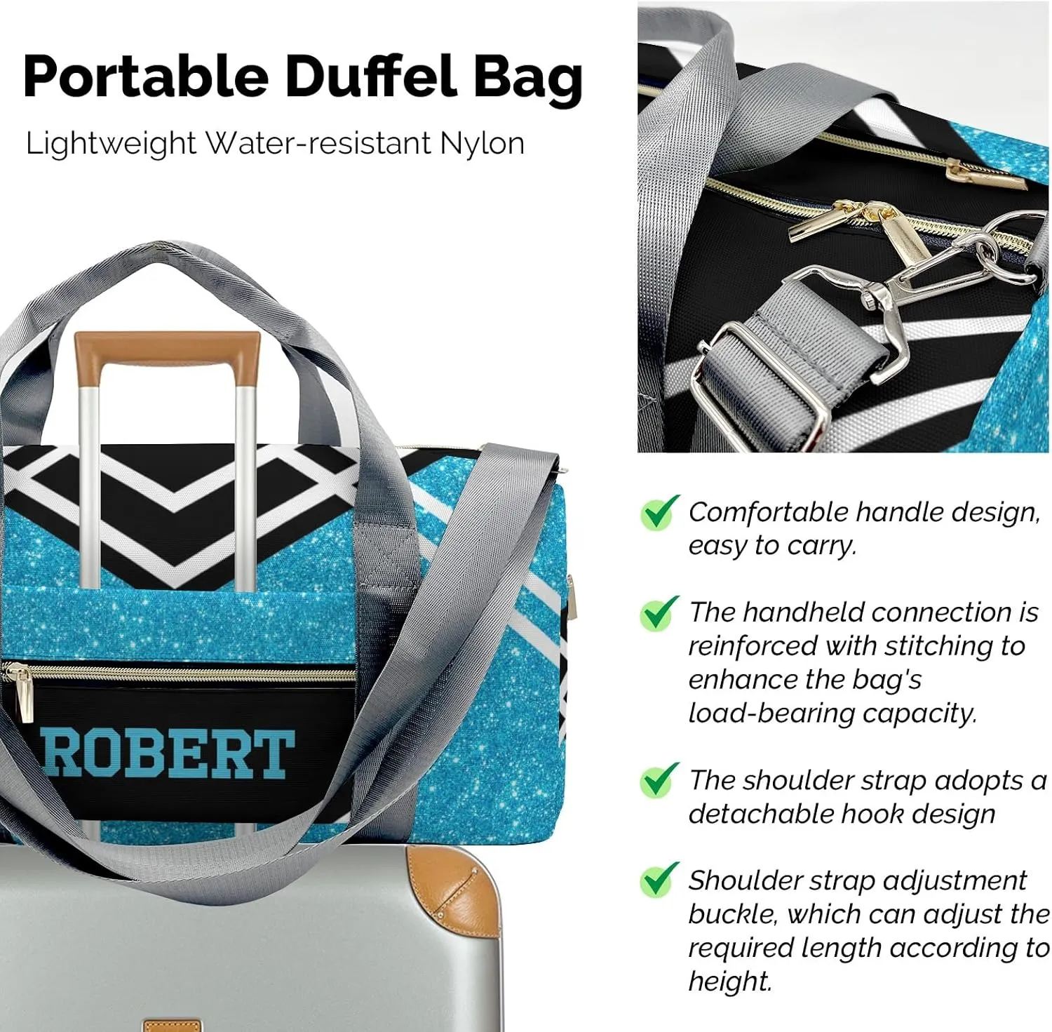 Cheerleader Sky Blue Glitter Personalized Duffel Bag with Name Custom Travel Bag Weekend Overnight Bag with Shoe Compartmen for Women Sports Gym Gymnastic Bags