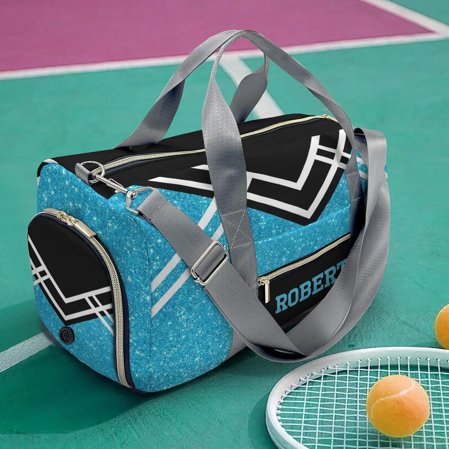 Cheerleader Sky Blue Glitter Personalized Duffel Bag with Name Custom Travel Bag Weekend Overnight Bag with Shoe Compartmen for Women Sports Gym Gymnastic Bags