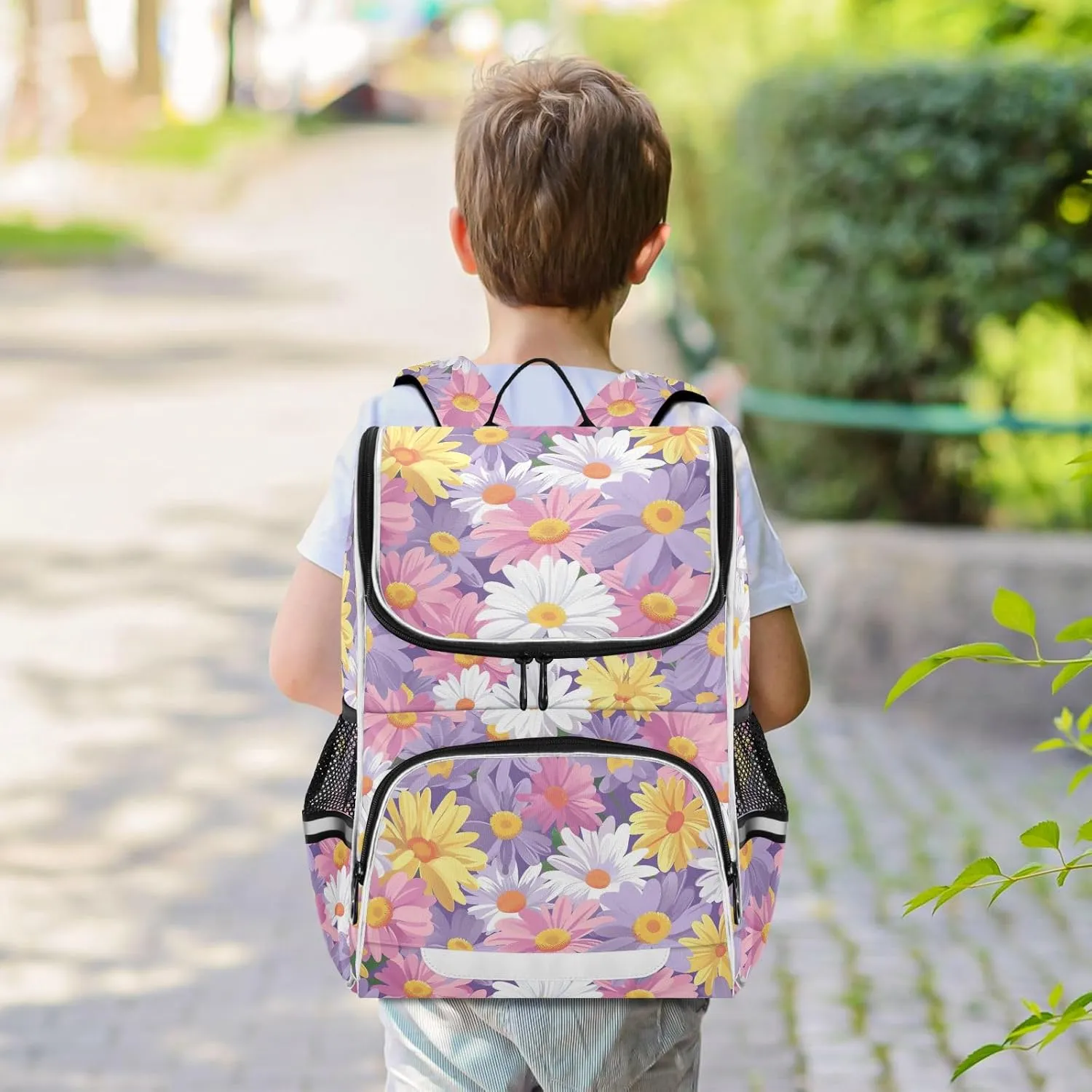 CHIFIGNO Pink Purple White Yellow Daisy Flowers School Backpacks Middle School Backpack Travel Laptop Backpack Book Bags Commuter Backpack with Reflective Strip