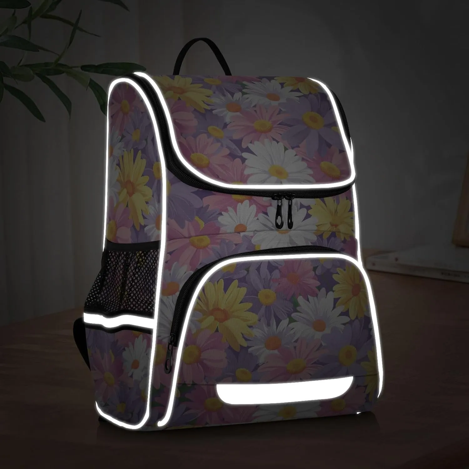 CHIFIGNO Pink Purple White Yellow Daisy Flowers School Backpacks Middle School Backpack Travel Laptop Backpack Book Bags Commuter Backpack with Reflective Strip